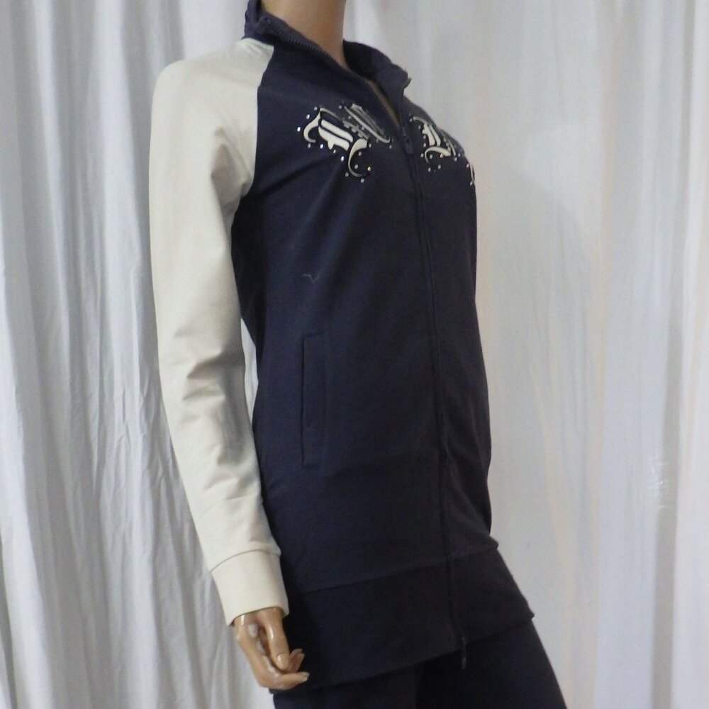 NWT BCBG sz SM MED LG XL 95% cotton NAVY BLUE & BEIGE LONG JACKET 2pc TRACKSUIT